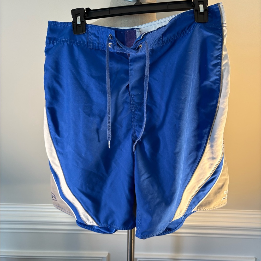 Blue and White Honolulu sheriff Shop company Board Shorts  9” Sz31(112)